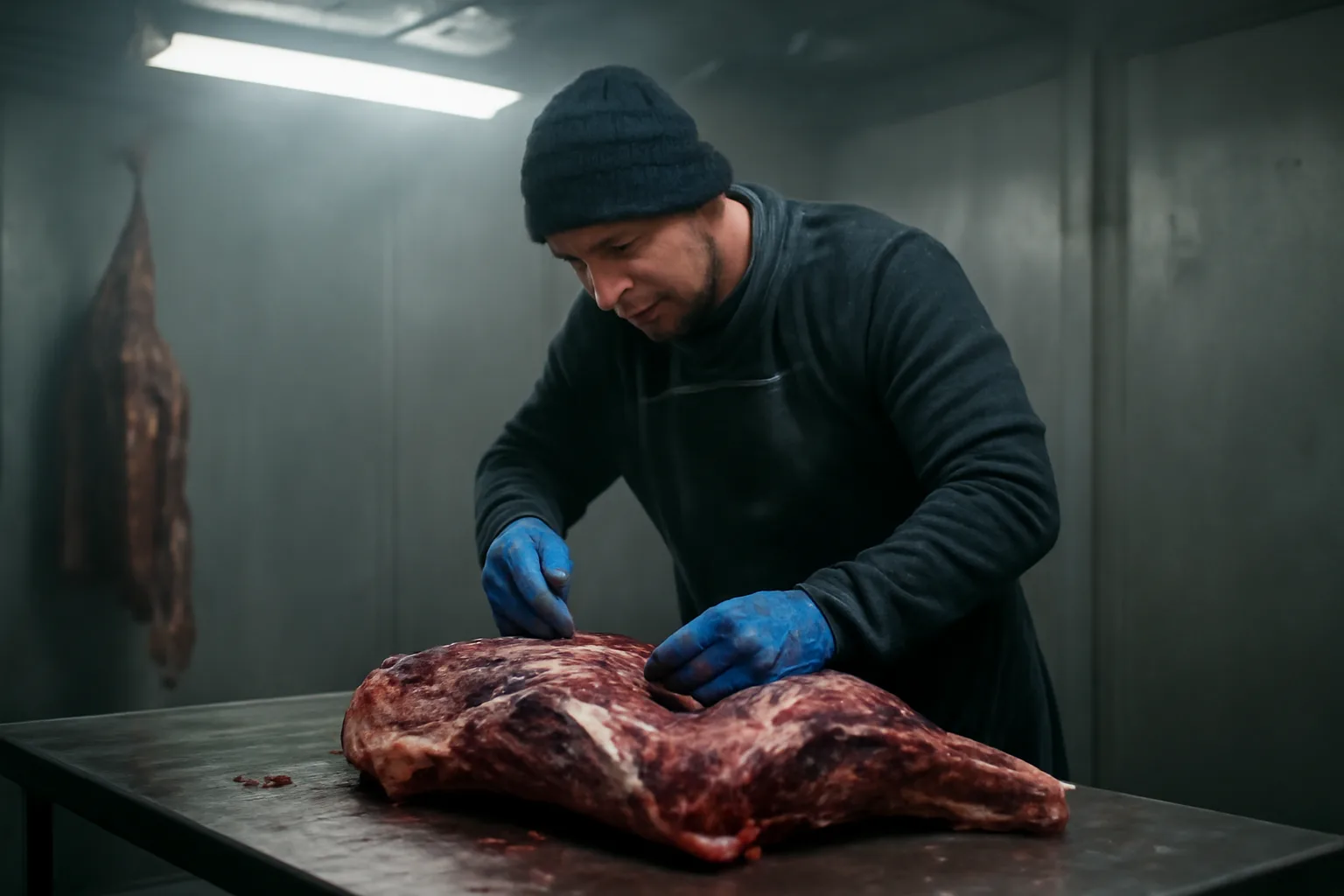Meat processor cutting large game quarters in an Alaska cold-storage facility