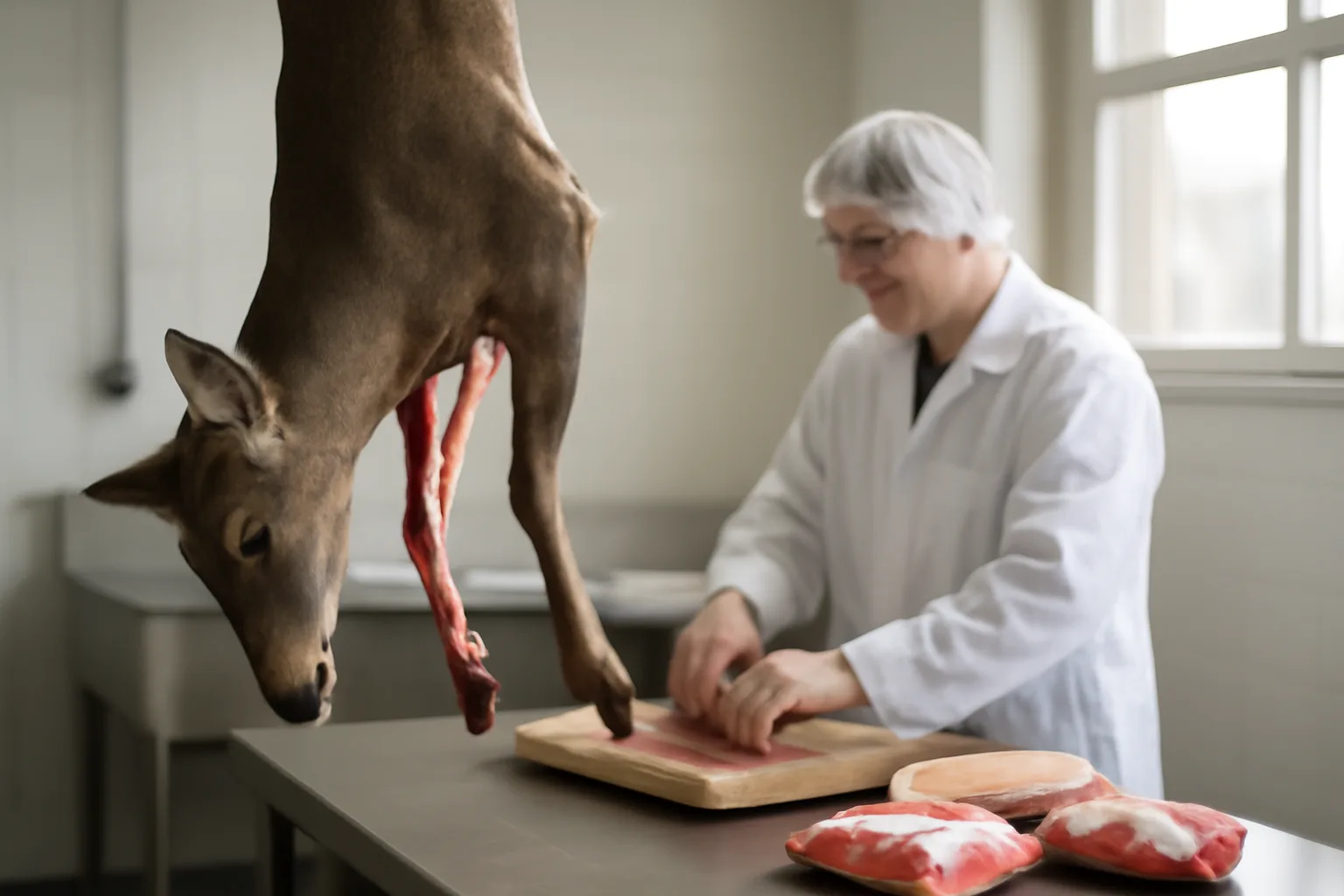 Deer carcass and wrapped venison portions in an Arkansas processing room.