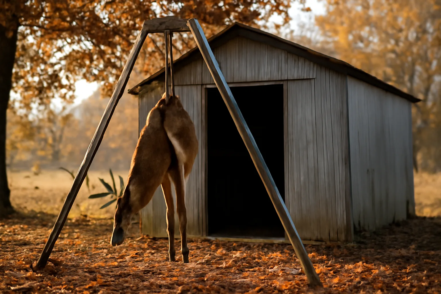 Deer hanging outside a cut and wrap processing shed in Arkansas during deer season.