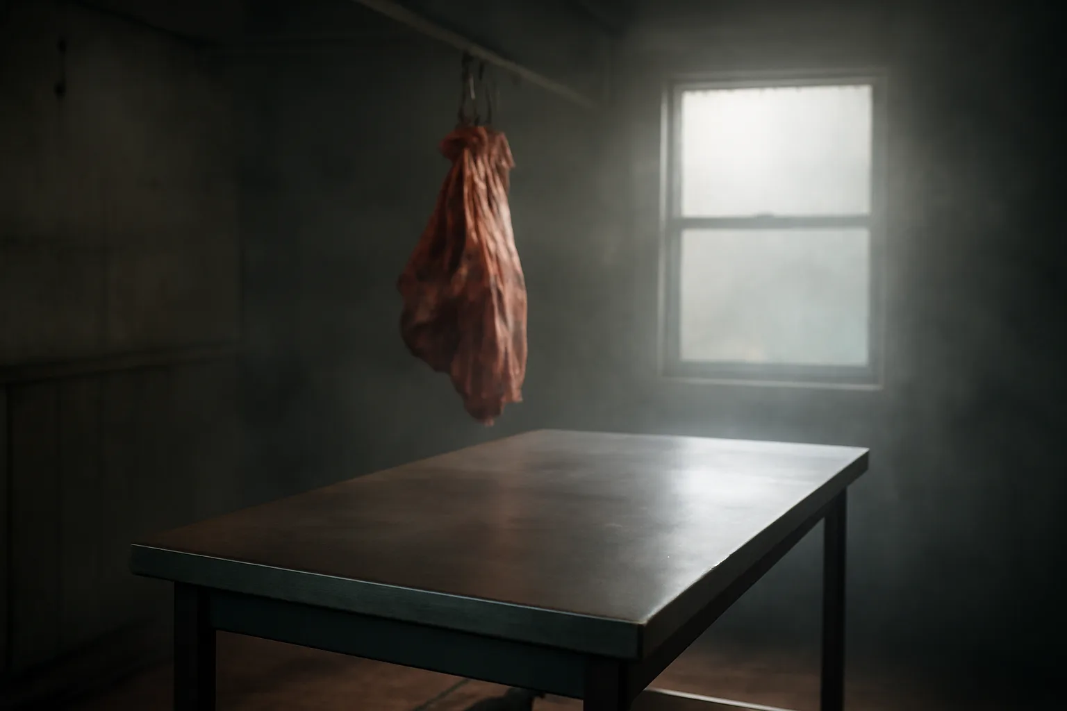 Stainless cutting table and hanging beef carcass inside a small Alabama cut-and-wrap locker