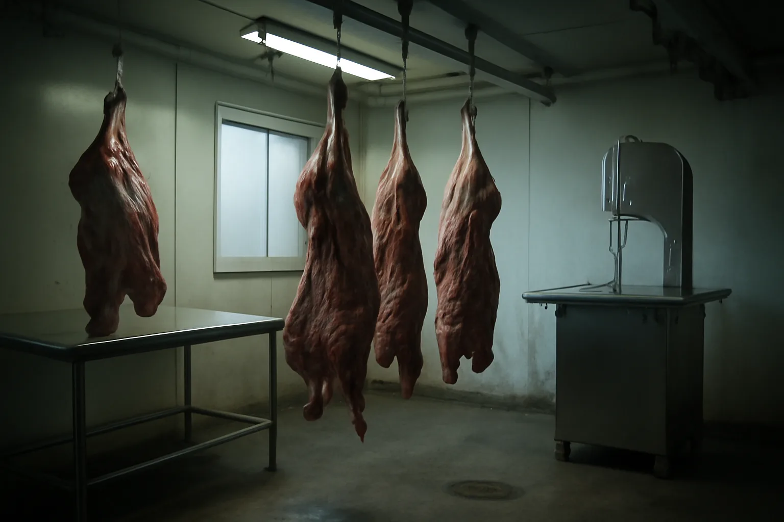Moose quarters hanging on rails inside an Alaska cut and wrap processing room