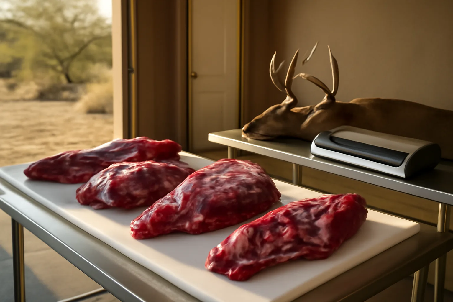 Polyethylene cutting board with deer meat on a steel table in an Arizona garage