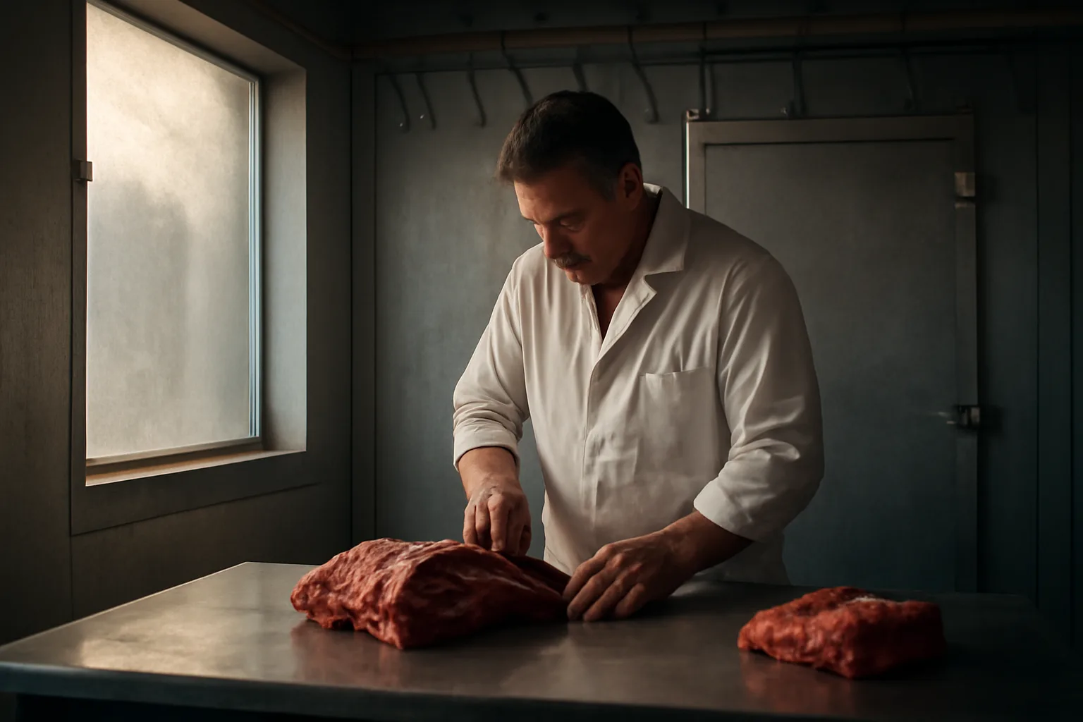 Butcher cutting beef in a California cut and wrap room