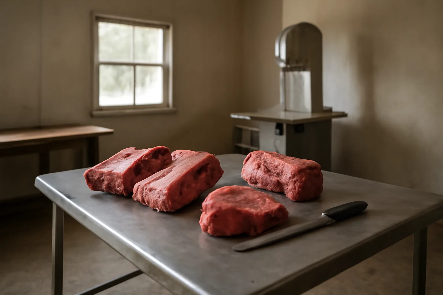 Stainless worktable with beef primals inside a rural Alabama cut and wrap shop