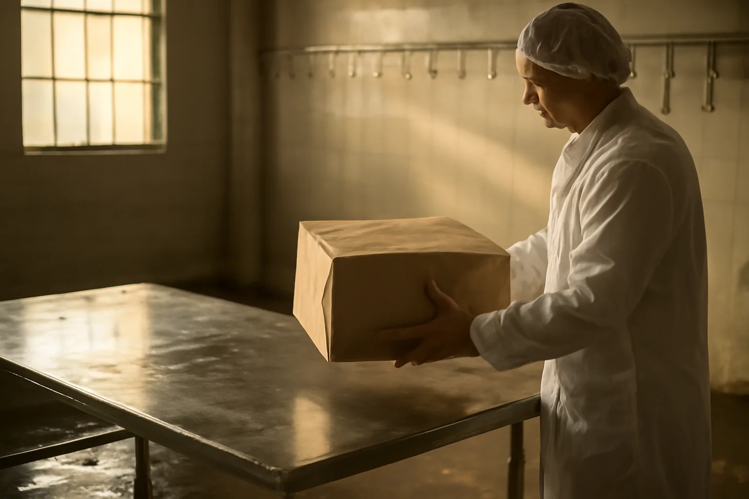 Worker lifting paper-wrapped meat in a California cut and wrap room