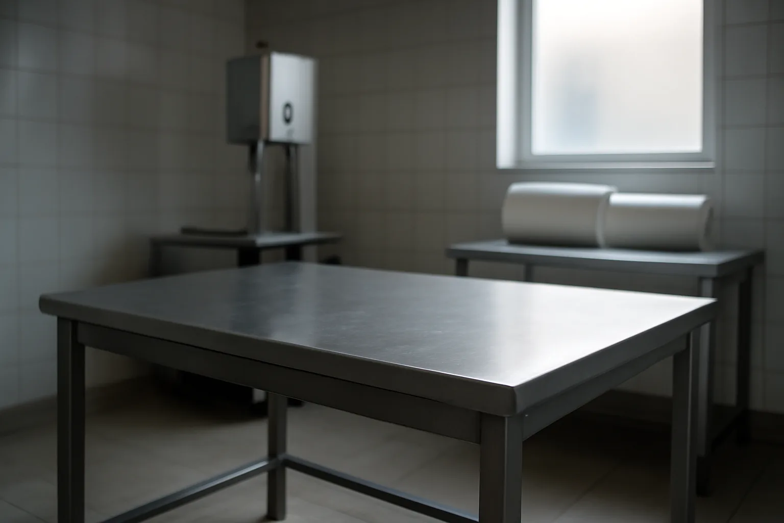 Clean commercial cut and wrap processing room with stainless table and band saw in Alaska