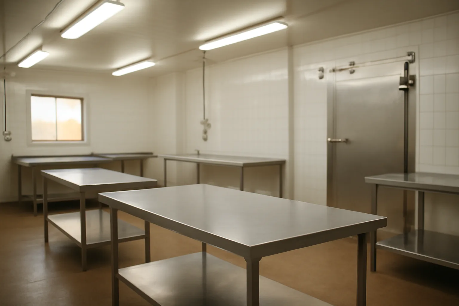 Stainless steel cutting tables inside a licensed cut and wrap facility in Arizona