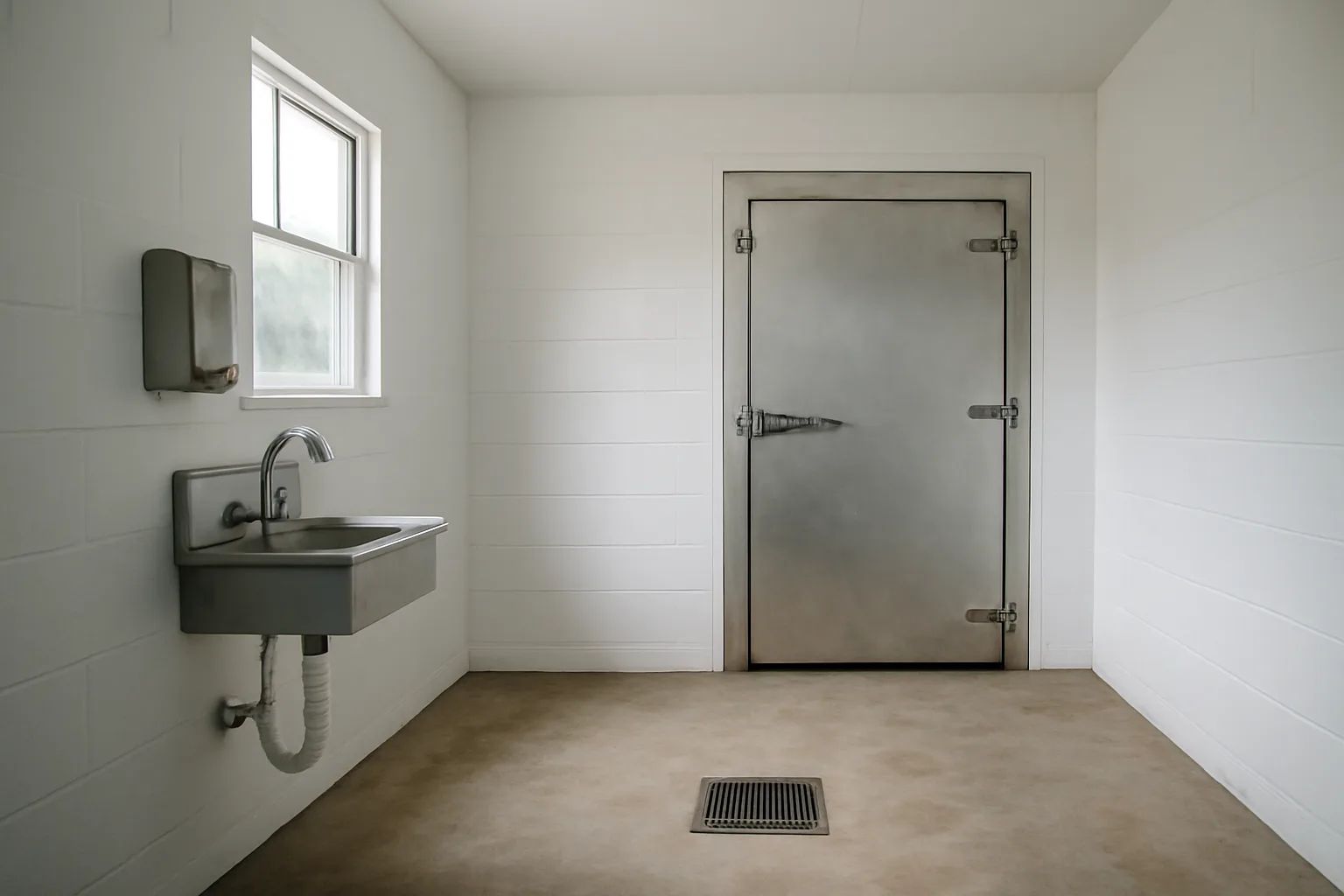 Clean Arkansas deer processing room with stainless sink, drain, and cooler door