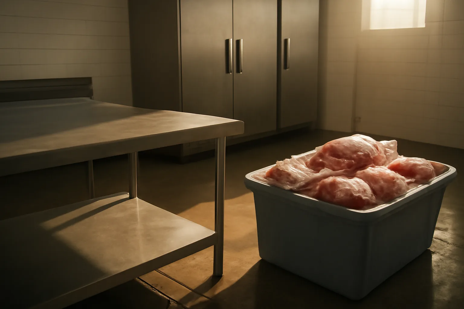 A clean commercial cut and wrap processing room in California with stainless steel surfaces and wrapped meat.