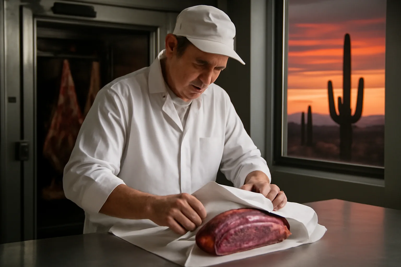 Arizona butcher wrapping cut venison in a clean wild game processing facility.
