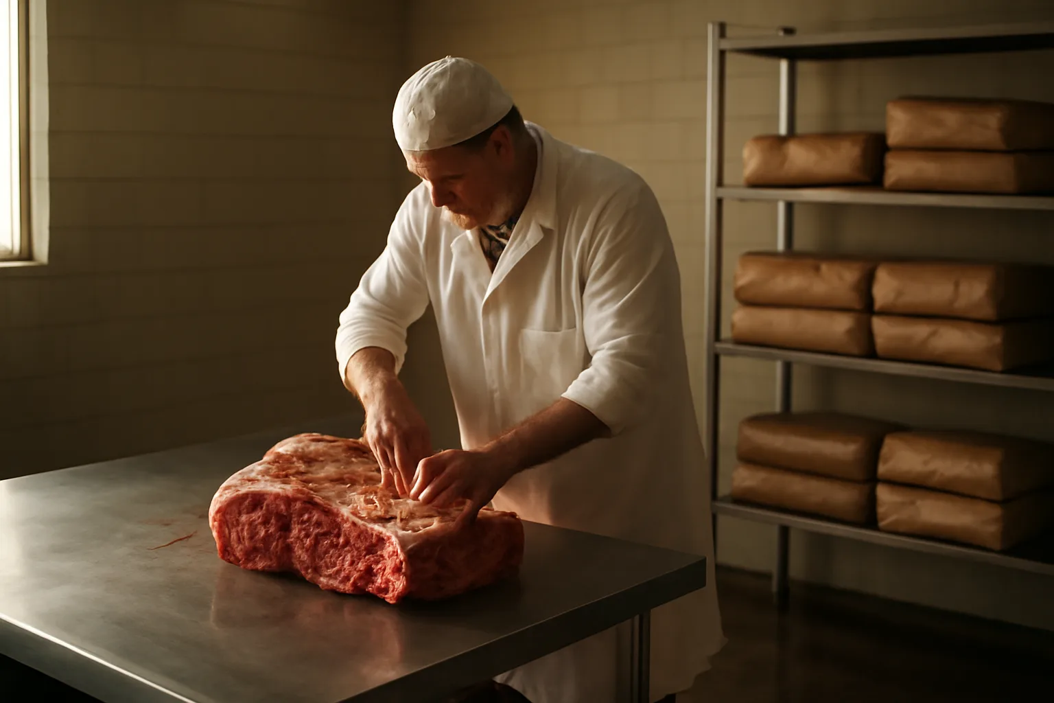 Butcher cutting beef in a California cut and wrap room