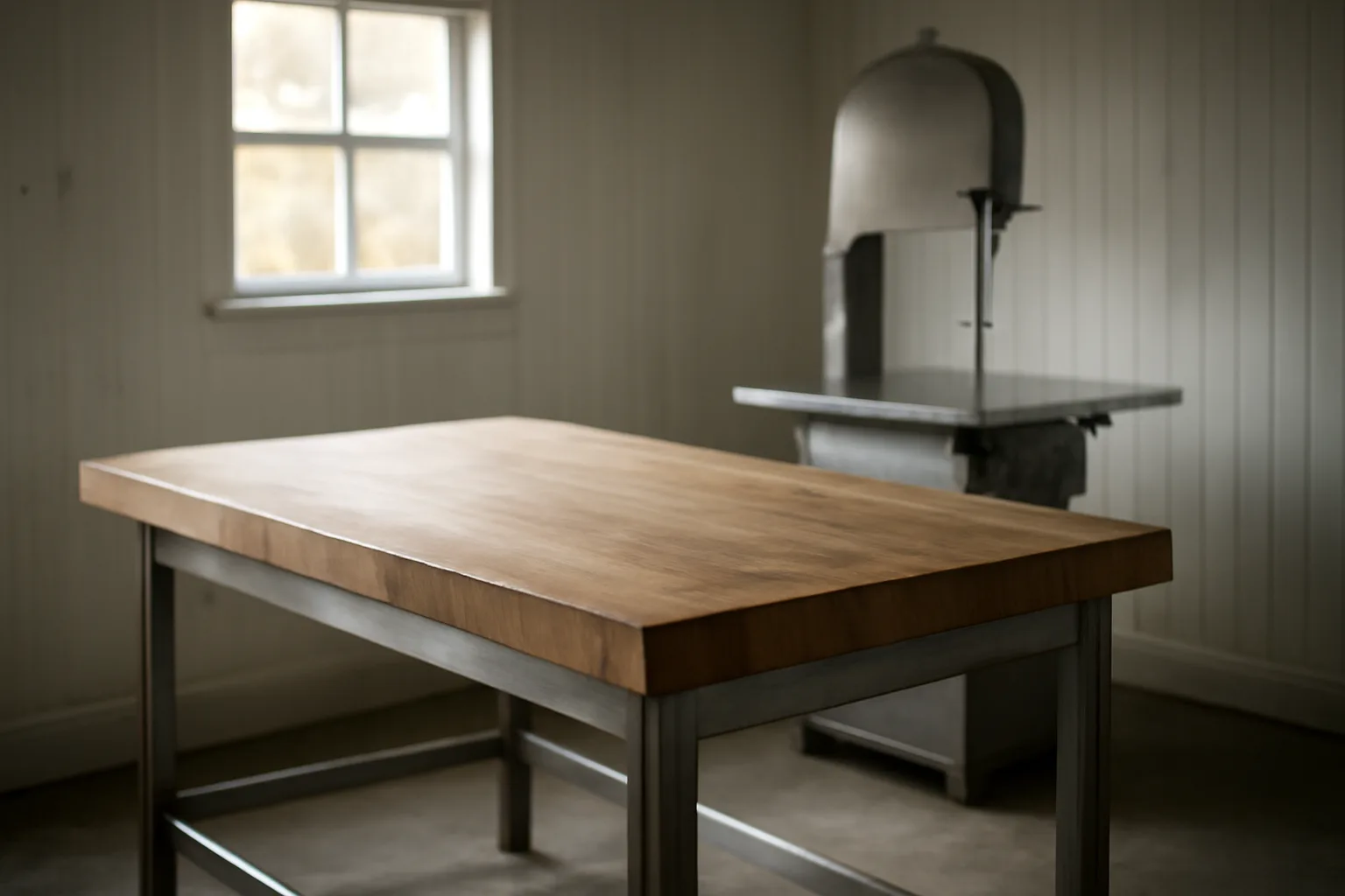 Stainless butcher table in a small cut and wrap processing room with a band saw