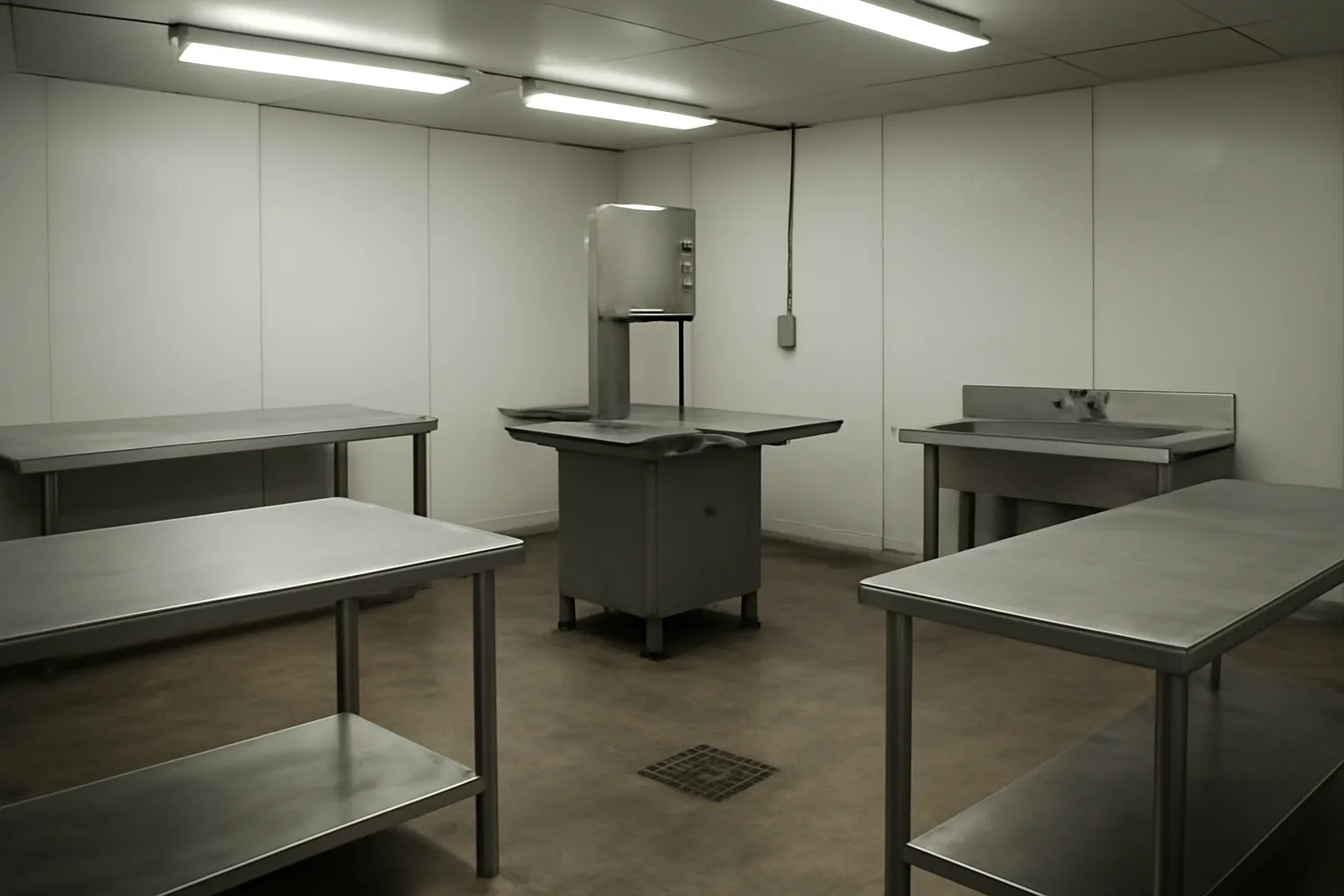 Stainless cutting tables and band saw in a small cut and wrap facility in Arizona