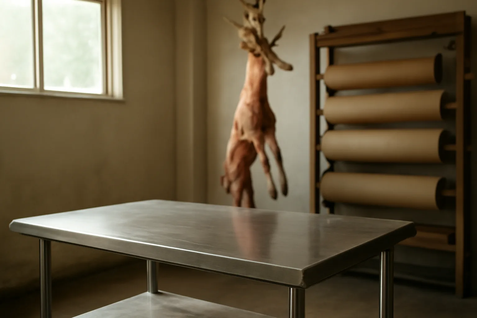 Interior of a California cut and wrap processing room with a hanging carcass and stainless table